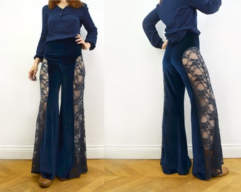 Velvet and Lace Flared Pants Trousers in Navy Blue.