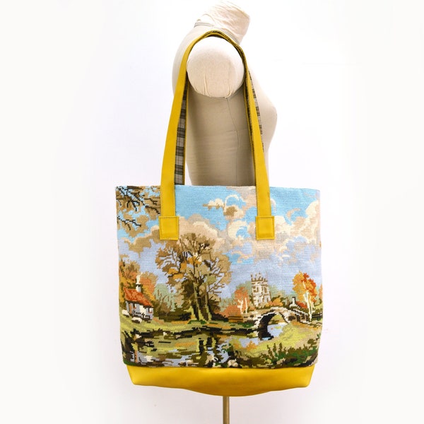 Tapestry Tote Bag with Mustard Yellow Leather. Large Bag