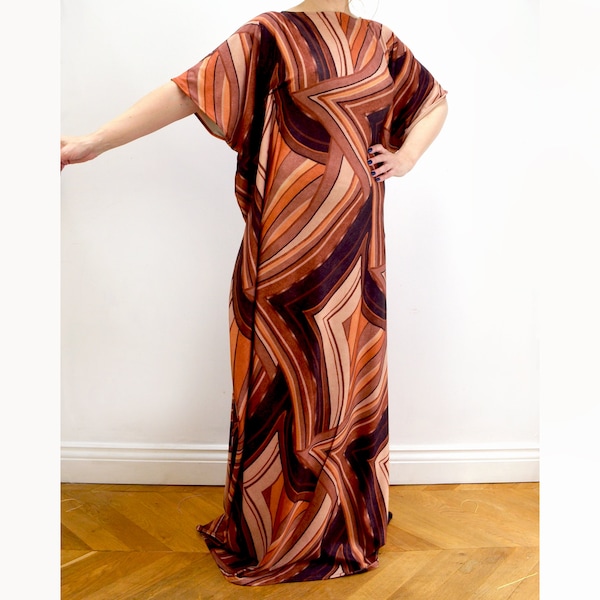 Kaftan Maxi Dress in a Retro Brown and Orange Pattern