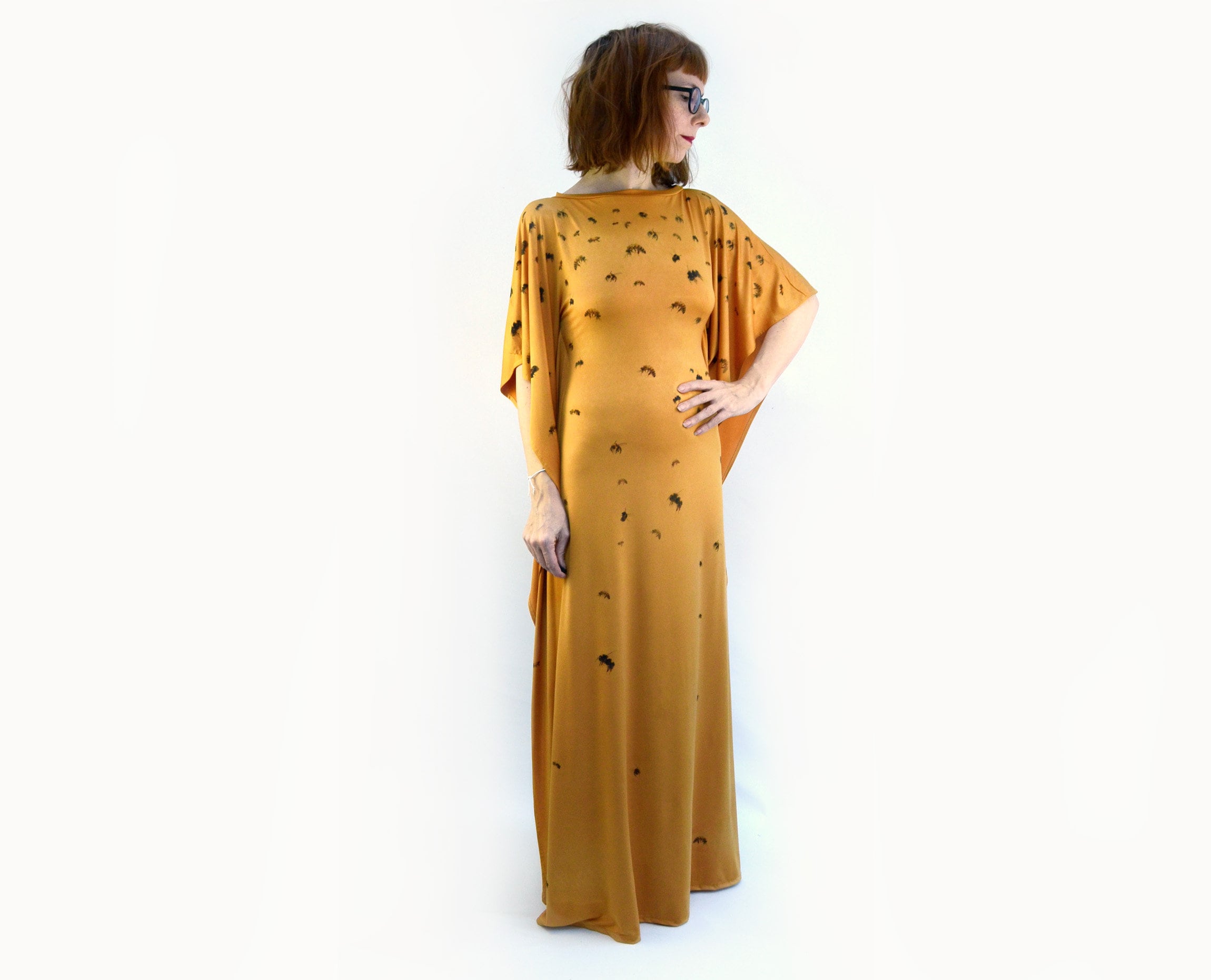 Bee Print Mustard Maxi Kaftan Style Dress