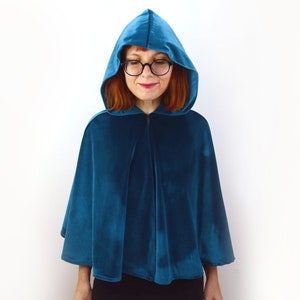 Teal Blue Velvet Hooded Cape with Lining