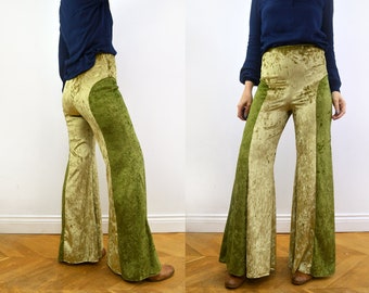 Green Velvet  Flared Pants Trousers. Bell bottoms with side panel.