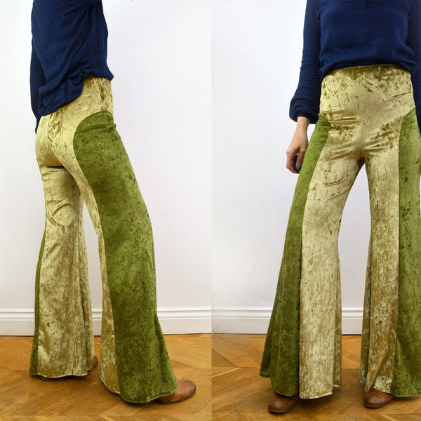 Pantalon pantalon évasé en velours vert. Bas de cloche avec panneau latéral.