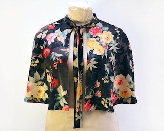 Black Floral Velvet Cape. Handmade Flower Print Capelet.
