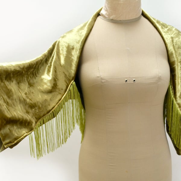 Olive Green Velvet Shrug Bolero Jacket with Fringe