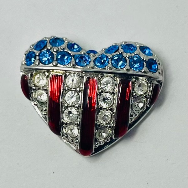 Vintage Swarovski red, white and blue patriotic pin or brooch in shape of heart silvertone metal and enamel with embedded crystals swan logo