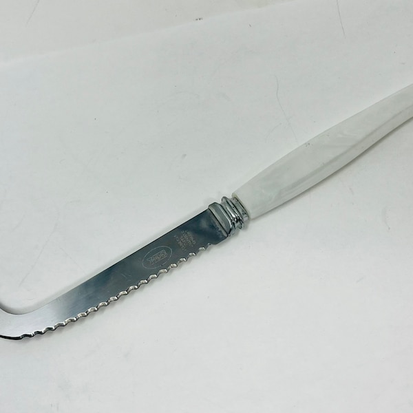 Vintage mid-century cheese knife white pearlized lucite handle stainless blade marked H & E made in Sheffield England great Christmas gift!