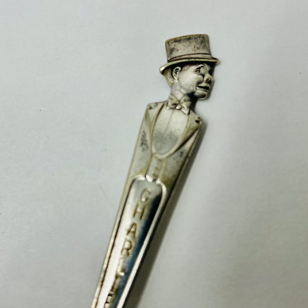 Vintage Spoon Charlie McCarthy Duchess silverplate with image of Charlie, Edgar Bergen's ventriloquist puppet on handle - could be a ring!