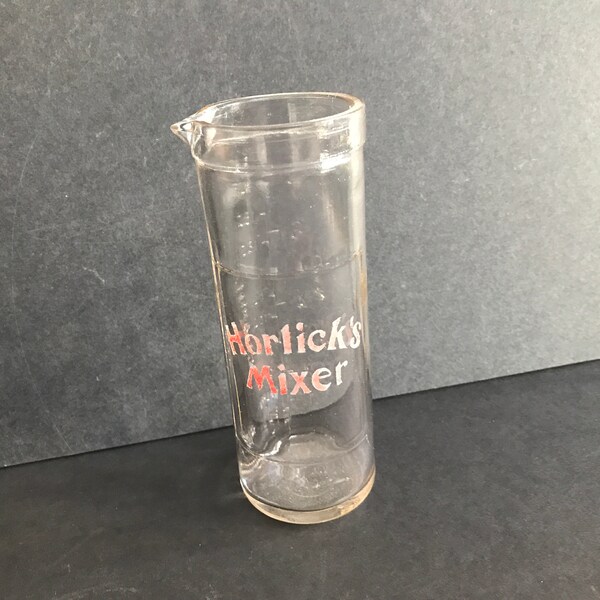 Horlick's Mixer Beaker Glass Jug Red Horlicks Measuring cup Advertising, Malted Milk, Made in England vintage