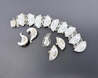 Vintage Siam Thai Fan bracelet, pendant and 2 sets of earrings silver and white enamel Thai dancer Goddess Mekhala - Great Christmas gift