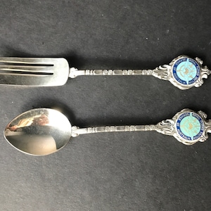 Vintage Australian Australia Royal Flying Doctor Service souvenir spoon and fork Stuart EPAI Quantas interest Medical collectible Medicine