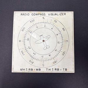May include: A vintage radio compass visualizer with a circular dial featuring degree markings and a small airplane graphic. The text "RADIO COMPASS VISUALIZER" is printed at the top. The compass has markings for North, South, East, and West.