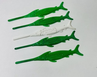 Vintage Swordfish Swizzle Sticks from Jimmys Harbor Side Restaurant Historic Boston Fish Pier, Massachusetts Set of five green and white
