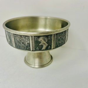 Vintage Bollnäs Tenn (Swedish Pewter) decorative folk art footed bowl with alternating goat and floral designs mark on the bottom N10