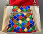 Crossbody Bag, Shoulder Bag, Medium Purse, Gold Vinyl and Colorful Stained Glass Cotton Fabric w adjustable crossbody strap, ONE OF A KIND