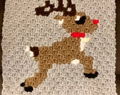 Reindeer Rudolph Christmas Crochet Pattern Throw Pillow PDF Graph Row by Row Written Color Block Instructions Blanket Afghan C2C Motif 25x25