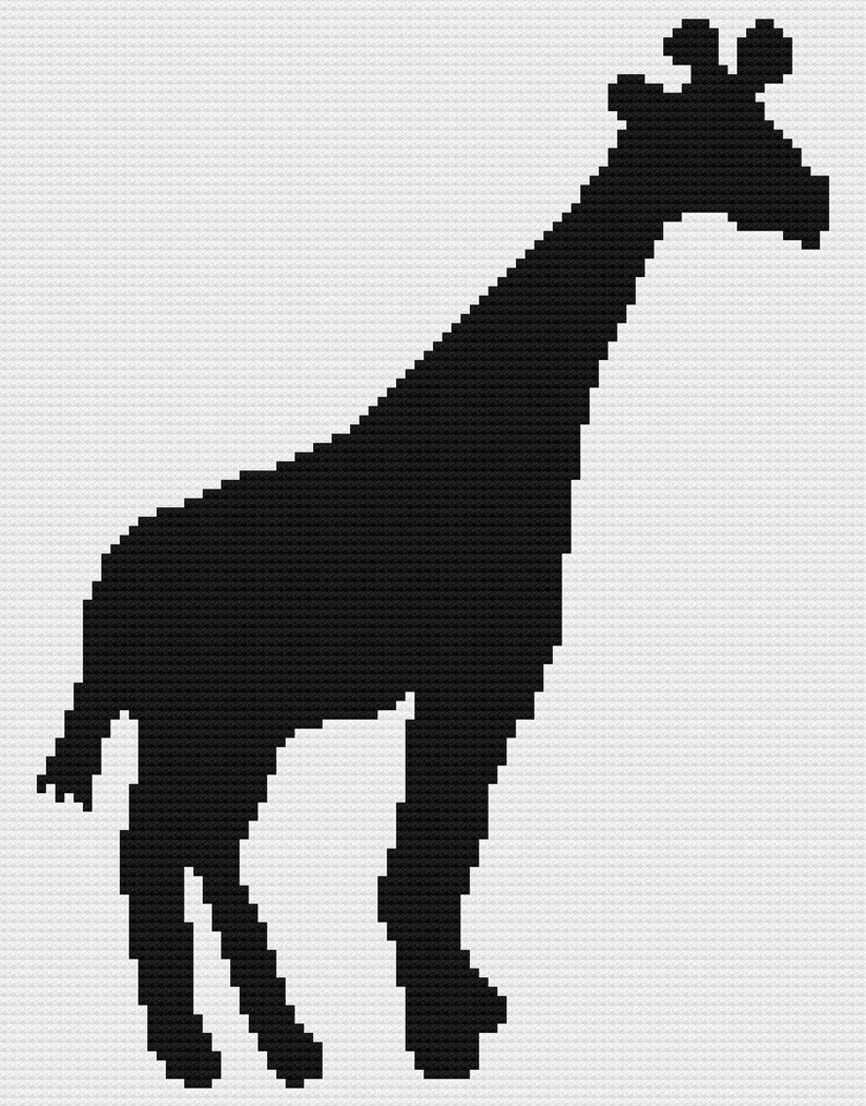 Giraffe Black Silhouette C2C Crochet Pattern Corner to Corner Twin Size Blanket Afghan Graphghan Zoo Wildlife Savannah White Background