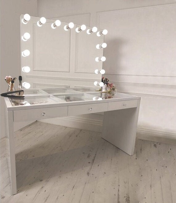 Custom Hollywood Glamour Vanity Station Lighted Mirror W Built In And 3 Drawer Table Glass Top More Colors Available