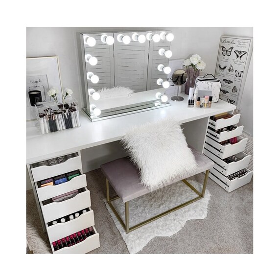 Custom Hollywood Glamour Vanity Lighted Mirror W Built In 10 Drawer Table With 2 Hutch Optional Storage Tower Add Ons