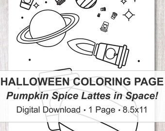 Pumpkin Spice Lattes in Space Coloring Page,Funny Pumpkin Spice Latte Colouring Page,Halloween Digital Coloring Page