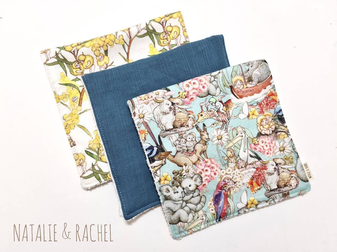 Set of 3 Burp Cloths ,australian Animals, Kangaroo, Wattle, Burp Cloth