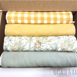 Set of 4 burp cloths ,Australia , bees,  wattle, mustard , burp cloth, baby shower, baby gift, terry towel, gingham