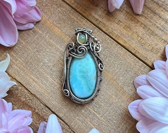 Larimar & Welo Opal Pendant • Larimar Wire Wrap • Opal Necklace • Sterling Silver Wire Wrapped Pendant • Statement Necklace • Gift for Her