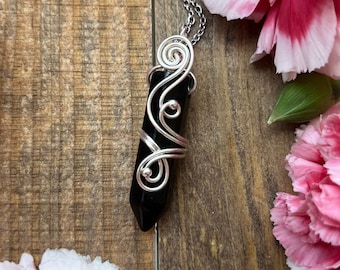 Black Onyx Sterling Silver Point Necklace • Silver Wire Wrapped Crystal Point Necklace • Black Onyx Wire Wrapped Point Necklace