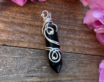Black Onyx Sterling Silver Point Pendant • Wire Wrapped Crystal Point Necklace  • Black Onyx Point Necklace • Gift for Her • Crystal Stick