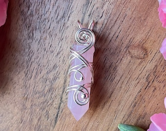 Rose Quartz Sterling Silver Point Pendant • Pink Quartz Crystal Necklace • Wire Wrapped Quartz • Gift for Her • Wire Wrapped Point