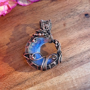 Opalite Crescent Moon Copper Pendant • Wire Wrapped Moon Necklace • Half Moon Pendant