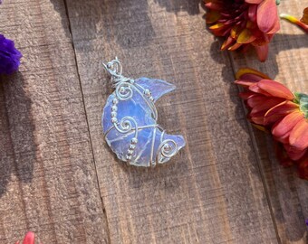 Opalite Crescent Moon Flower Pendant • Wire Wrapped Sterling Silver Necklace • Opalite Moon Pendant • Crescent Moon Necklace • Opalite Moon