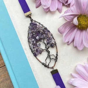 Amethyst Tree of Life Marquise Bookmark • Aesthetic Book Thong • Purple Bookmark for Her • Amethyst Book Thong For Reader