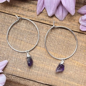 Purple Amethyst Hoop Earrings • Sterling Silver Hoop Earrings • Amethyst Crystal Hoop Earrings