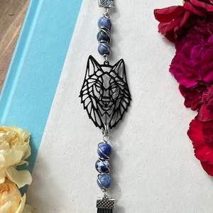 Sodalite Wolf Bookmark • Black Wolf Book Thong • Fantasy Bookmark • Blue Wolf Bookmark • Dire Wolf Gift • Bookish Goods •