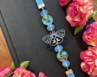 Opalite & Abalone Luna Moth Bookmark • Silver Moth Bookmark • Sky Blue Crystal Book Thong • Mystic Moth Bookmark • Abalone Moth Bookmark