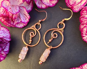 Rose Quartz Copper Swirl Earrings