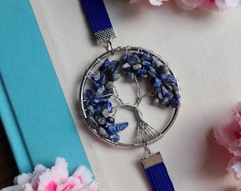 Marcador del árbol de la vida de Lapiz Lazuli, tanga de libro azul real, joyería de libros, regalo de libro