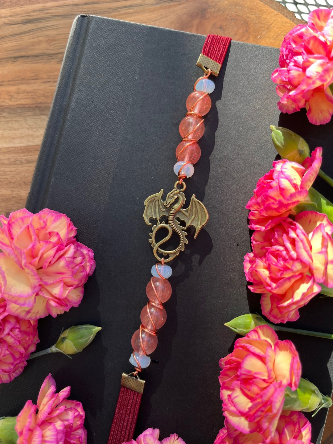 Dragon Bookmark Copper Crystal Bead Book Thong Red Dragon Book Thong