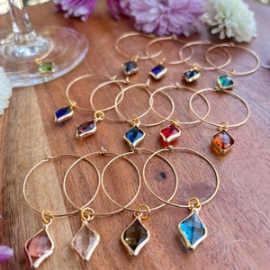 Set of 14 • Diamond Shaped Zircon Wine Charms • Crystal Gold Charms • Multi Colored Wine Charms • Wine Stem Charms • Housewarming Gifts