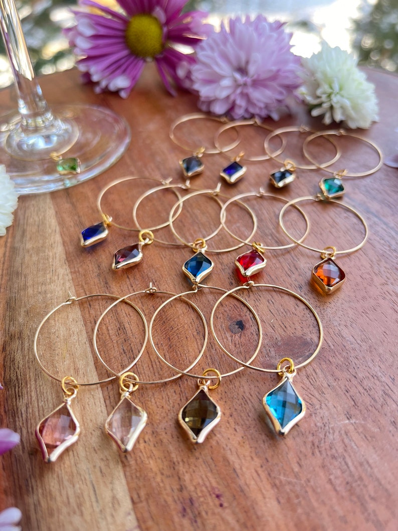 Set of 14 • Diamond Shaped Zircon Wine Charms • Crystal Gold Charms • Multi Colored Wine Charms • Wine Stem Charms • Housewarming Gifts