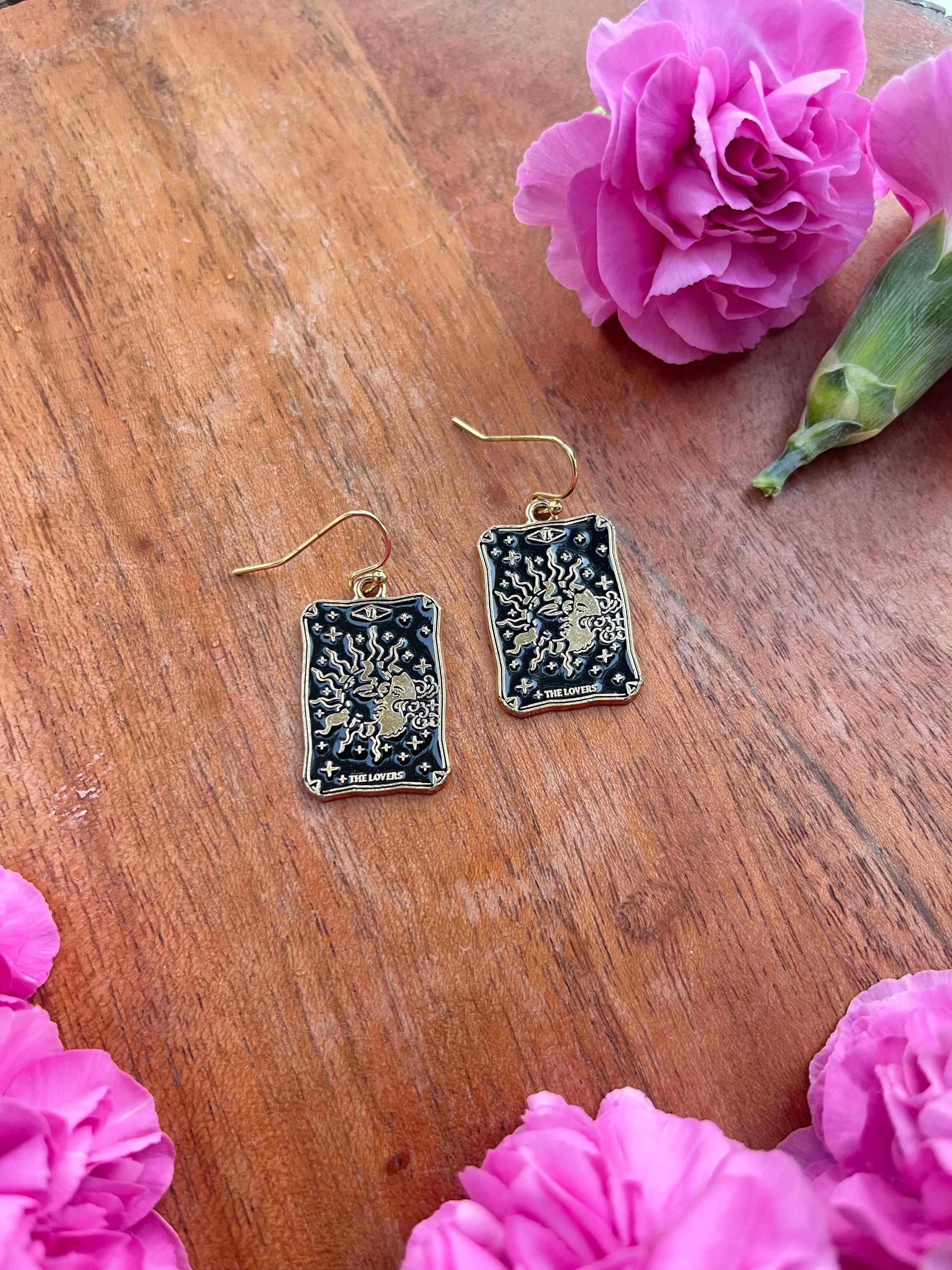 Tarot Card Earrings • The Lovers Earrings • Wicca Earringd • Fun Earrings • Earringd for Friends • Black and Gold Tarot Card Earrings