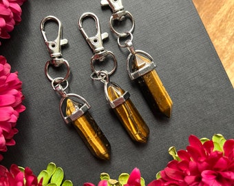 Tigers Eye Keychain • Silver Crystal Keychain • Brown Crystal Point Keychain • Keychain for Him • Gift for Husband • Stocking Stuffer