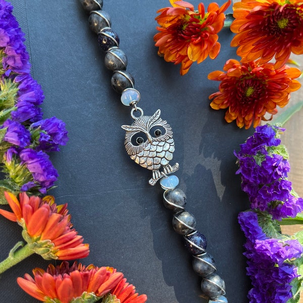 Owl Bookmark • Labradorite, Opalite & Blue Goldstone Book Thong • Silver Owl Bookmark • Owl Gift • Animal Bookmark • Bookish Goods