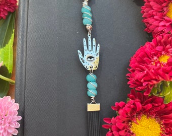 Blue Jade Hamsa Hand Bookmark • Evil Eye Bookmark • Hand of Fatima Bookmark • Celestial Hamsa Hand Book Thong • Blue and Black Hamsa Hand