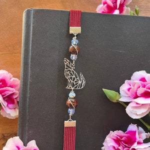 Howling Wolf Bookmark • Red Tigers Eye & Opalite Wolf Book Thong • Silver Wolf Bookmark • Silver Wolf Bookmark • Wolf Gift • Animal Bookmark