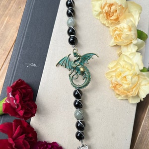 Black Onyx and Seaweed Green Dragon Bookmark • Green Dragon Book Marker • Dragon Bookmark • Epic Fantasy Gift • Personalized Dragon Bookmark