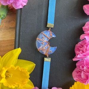 Opalite Moon Bookmark • Moon Book Thong • Crescent Moon Bookmark • Opalite Moon Book Jewelry • Iridescent Moon Bookmark • Copper Wire Moon