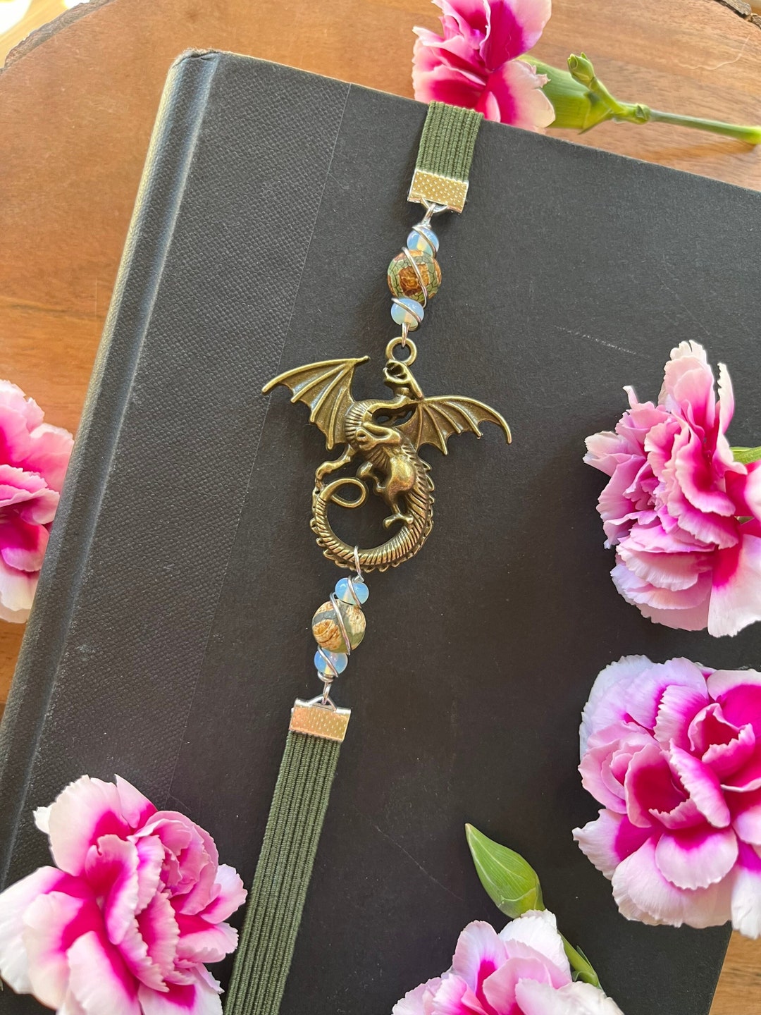 Bronze Dragon & Bookmark Crystal Bead Book Thong Black Dragon