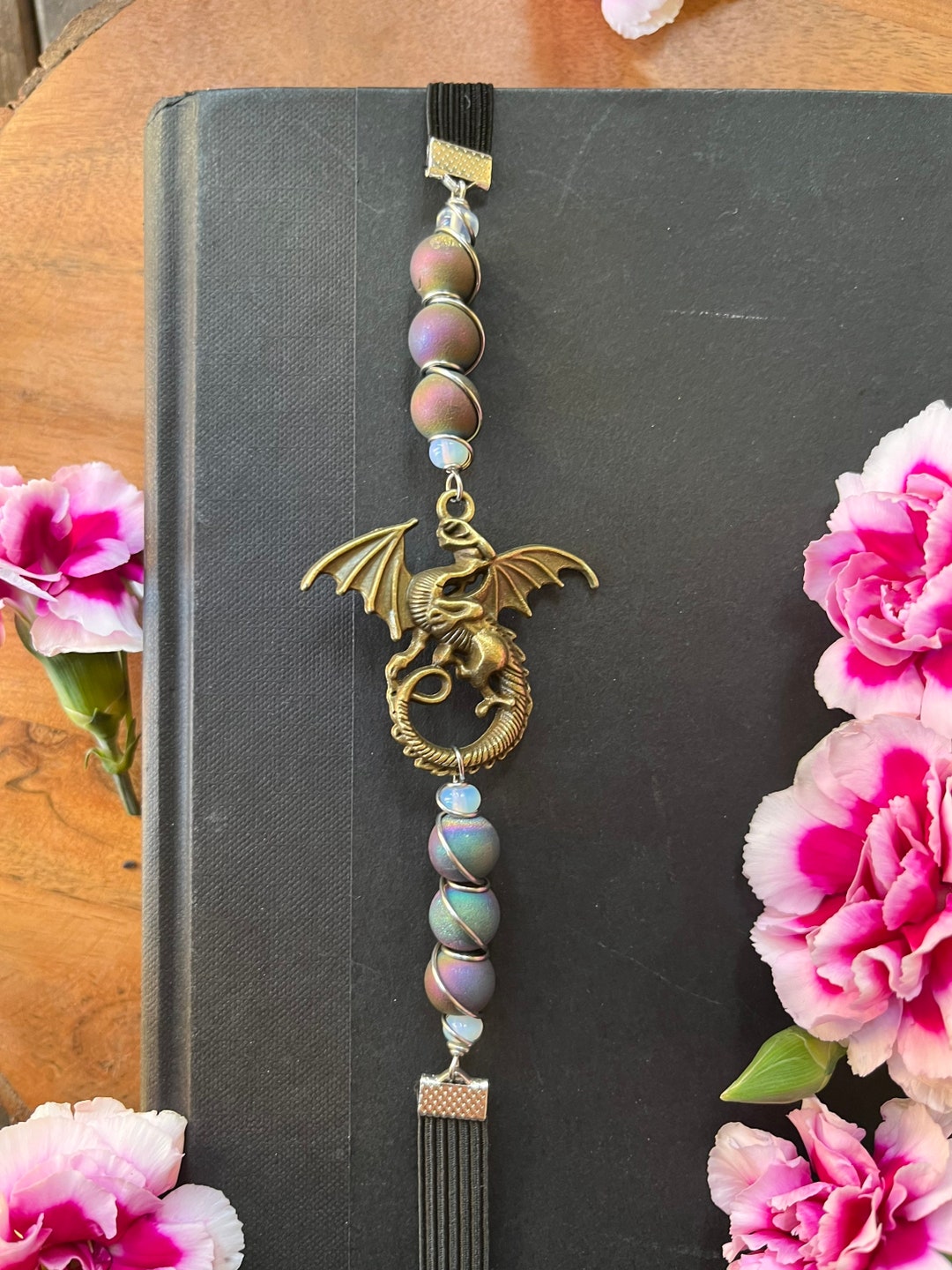 Bronze Dragon Bookmark Metallic Druzy Agate Bead Book Thong Black